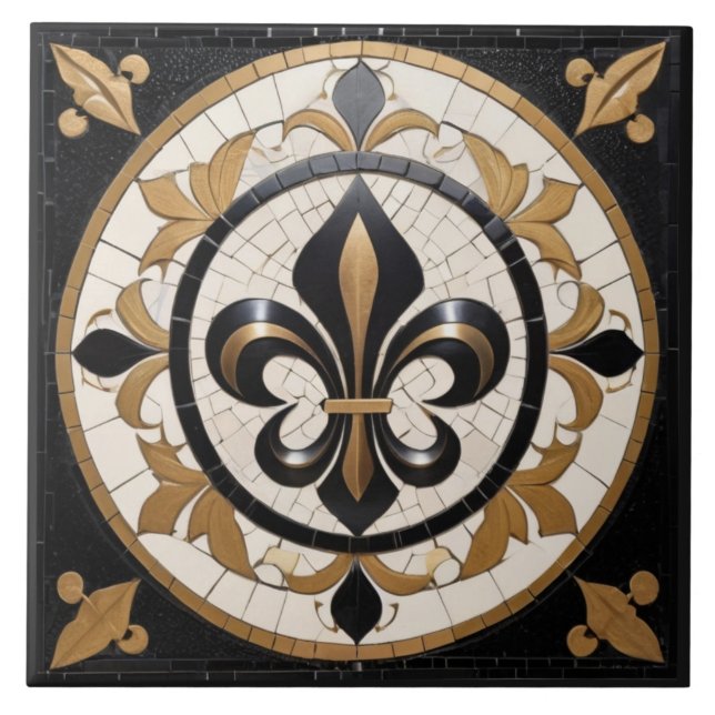 Preto Branco e Dourado Fleur de Lis Mosaico Falso (Frente)