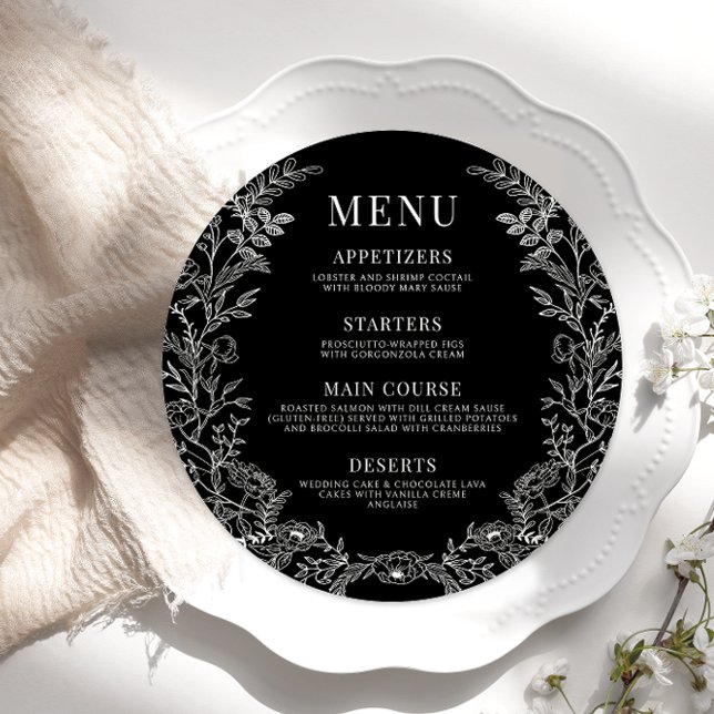 Preto branco floral redondo Menu Placa (Criador carregado)