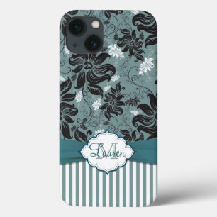 Preto, cerceta, monograma floral branco