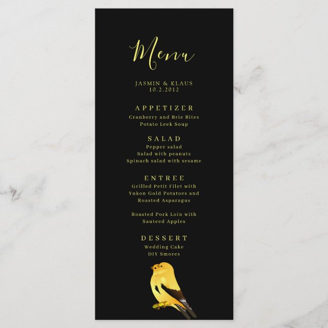 Preto com Menu de Casamento de Aves Douradas (Frente)