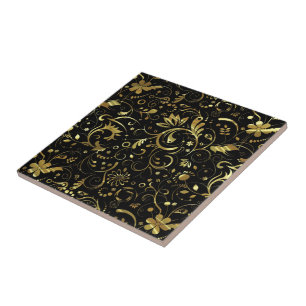 Preto com Padrão de Tecido Floral Dourado