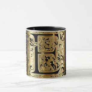 Preto decorativo e Dourado - Letra E caneca de caf