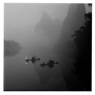Preto e branco, China, Li River, Pescador em