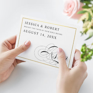 Preto e branco com placa RSVP de Casamento Dourado