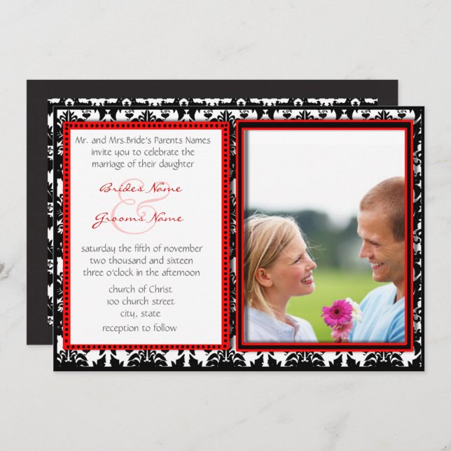 Preto e Branco Damasco Foto Convite para Casamento (Frente/Verso)