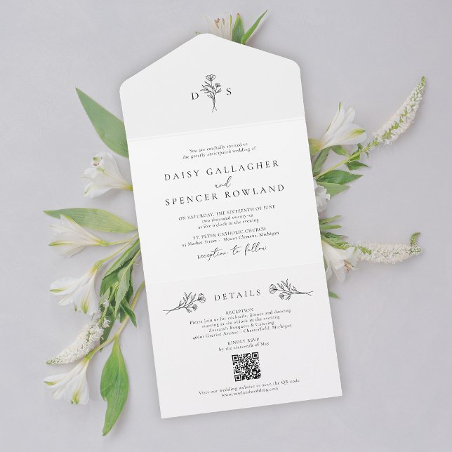 Preto e Branco Floral Simples com Casamento RSVP Q (Criador carregado)