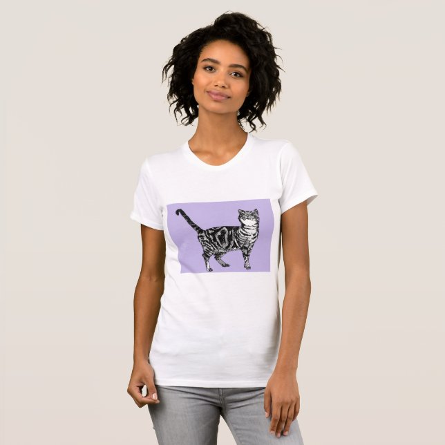 Preto e branco Tabby Cat Girls Purple T Shirt Top (Frente Completa)