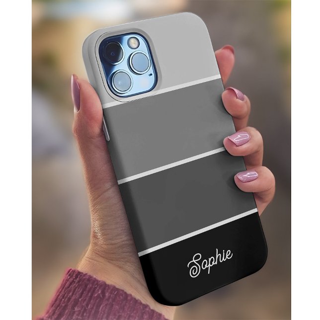Preto e Cinza | Rascunhos com Script (A trendy striped neutral black and gray phone case with your name in script)