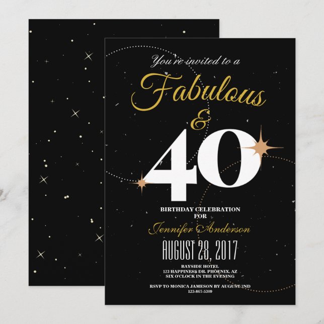Preto e Dourado | 40 & Convite de aniversário fabu (Frente/Verso)