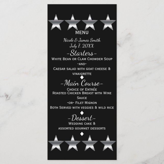 Preto e Silver Stars Hollywood Glam Party Menu (Frente)