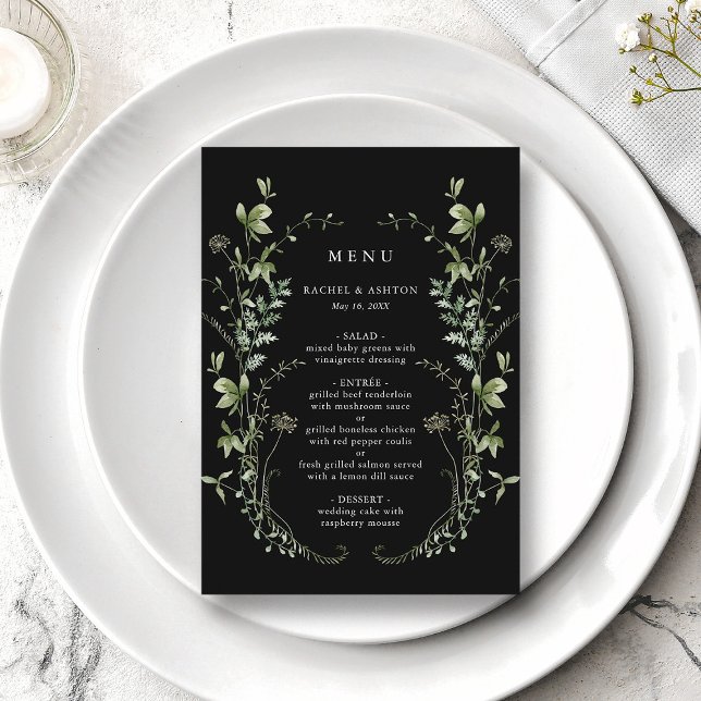 Preto Elegante Aquarela Menu Casamento de Flores S (Criador carregado)