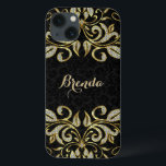 Preto Elegante E Preto Falso Dourado E Brilhante<br><div class="desc">Ouro falso elegante e diamantes brilham a espiral floral sobre os damascos florais pretos. Se precisar de ajuda para personalizar qualquer um dos meus designs,  entre em contato com o designer do ArtOnWear. Formatação de texto livre com ajuda ao vivo disponível por solicitação.</div>