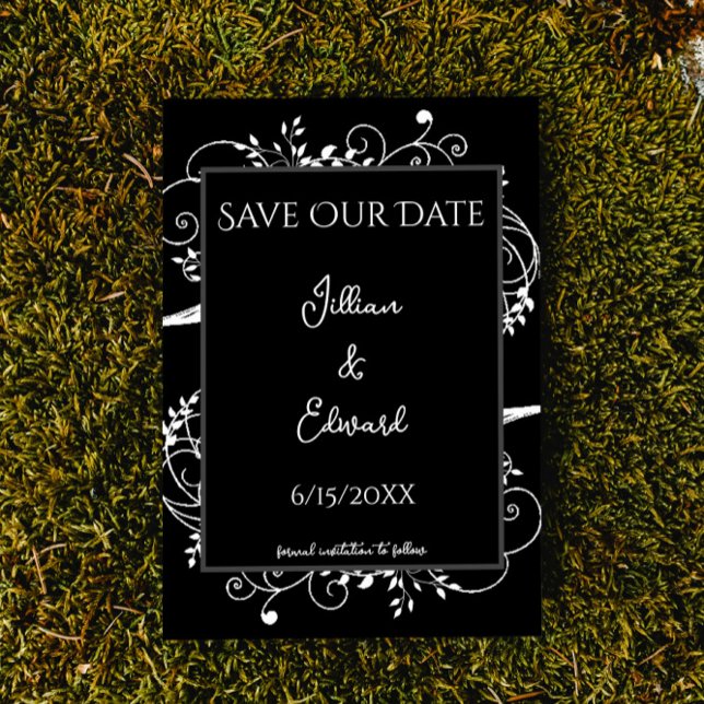 Preto Flourish Salve O Anúncio De Data (Black Flourish Save the Date Wedding Announcement)