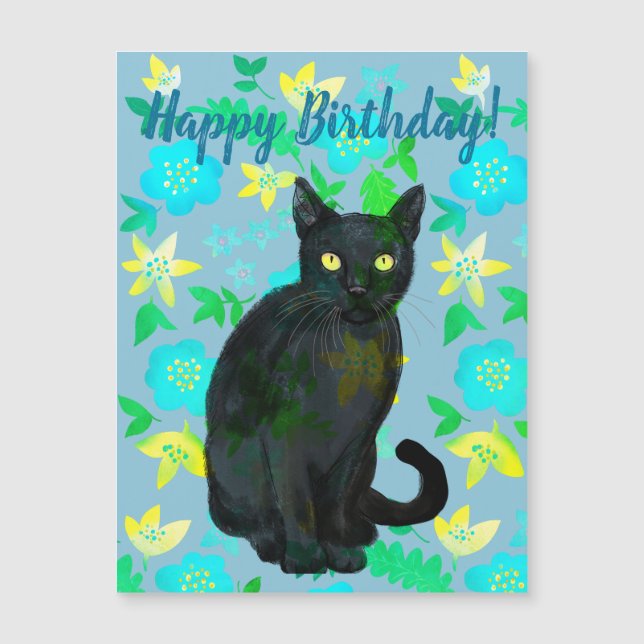 preto gata floral, imã de aniversário (Frente)