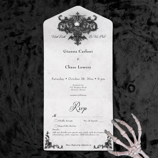 Preto Gótico e Árvore de Halloween Branco Sem Jant (Gothic Black & White Halloween Filigree No Dinner All In One Invitation)