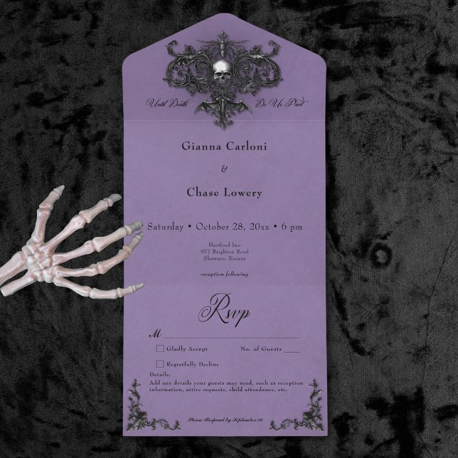 Preto Gótico e Árvore de Halloween Roxo Sem Janto (Gothic Black & Purple Halloween Filigree No Dinner All In One Invitation)