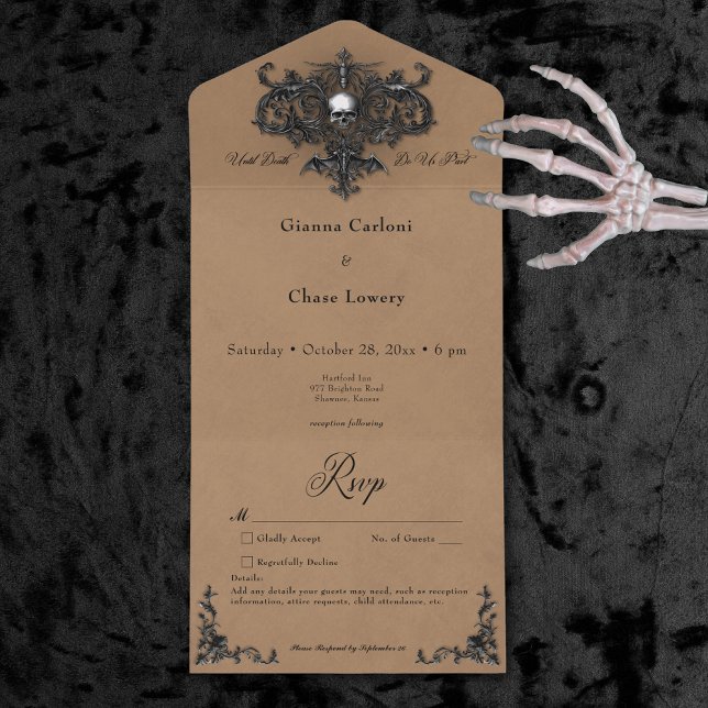 Preto Gótico e Árvore Marrom do Halloween Filigree (Gothic Black & Brown Halloween Filigree No Dinner All In One Invitation)