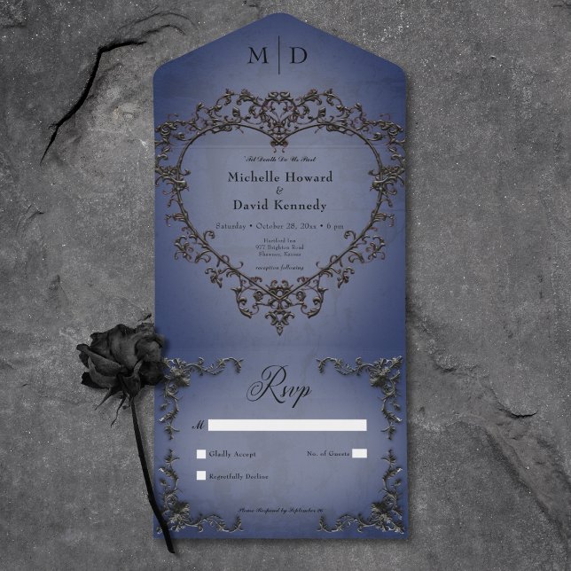 Preto Gótico e Coração Azul Filigrana Sem Janto (Gothic Black & Blue Filigree Heart No Dinner All In One Invitation)