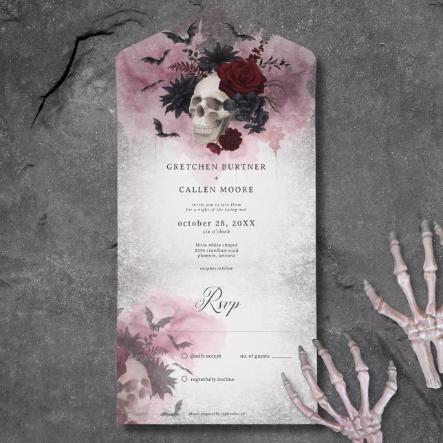 Preto Gótico e Crânio Borgonha e Morcegos Sem Jant (Gothic Black & Burgundy Skull & Bats No Dinner All In One Wedding Invitation)