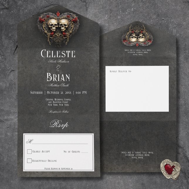Preto Gótico e Crânios Vermelhos e Preto do Coraçã (Gothic Black & Red Skulls & Heart Black All In One Wedding Invitation without Dinner Options)