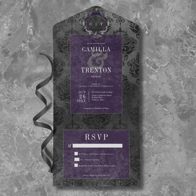 Preto Gótico Escuro e Damasco Roxo Sem Janto (Dark Gothic Black & Purple Damask Dinner All In One Invitation)