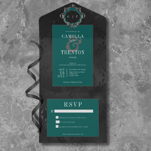 Preto Gótico Escuro e Palha Floral Teal Satin Sem