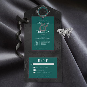 Preto Gótico Escuro e Palha Floral Teal Satin Sem