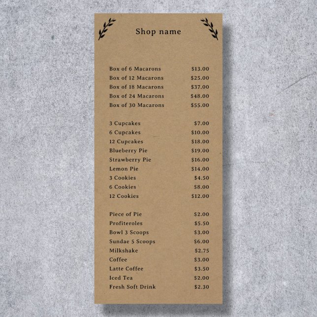 Preto, Kraft & Russo Menu & Price List Rack Card (Black, Kraft & Rustic Menu & Price List Rack Card)