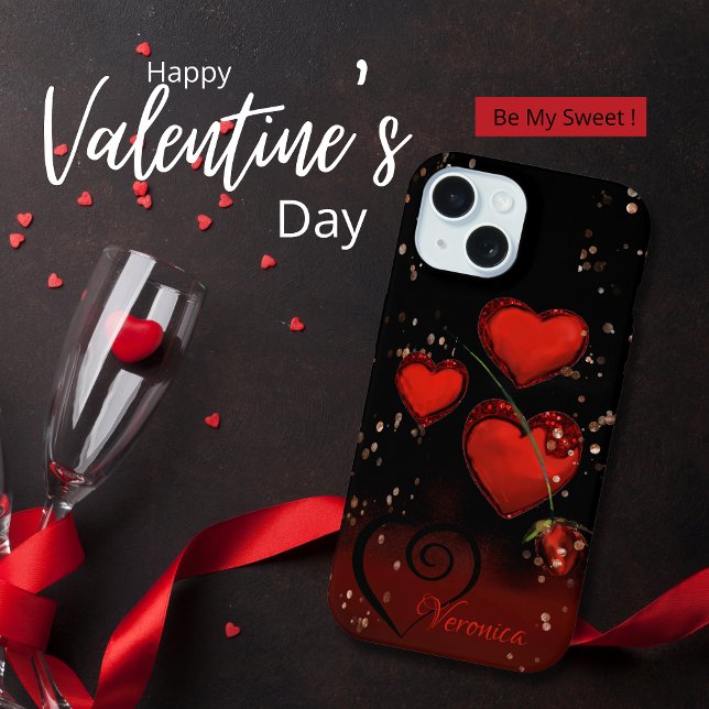Preto Moderno com Corações Vermelhos (Modern Black with Red Hearts iPhone 15 Case)