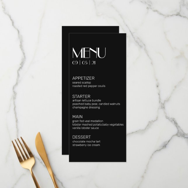Preto Moderno Elegante com Menu Casamento Branco (Frente/Verso In Situ)