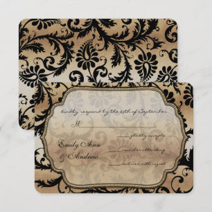 Preto no Dourado Damask Swirls Wedds RSVP