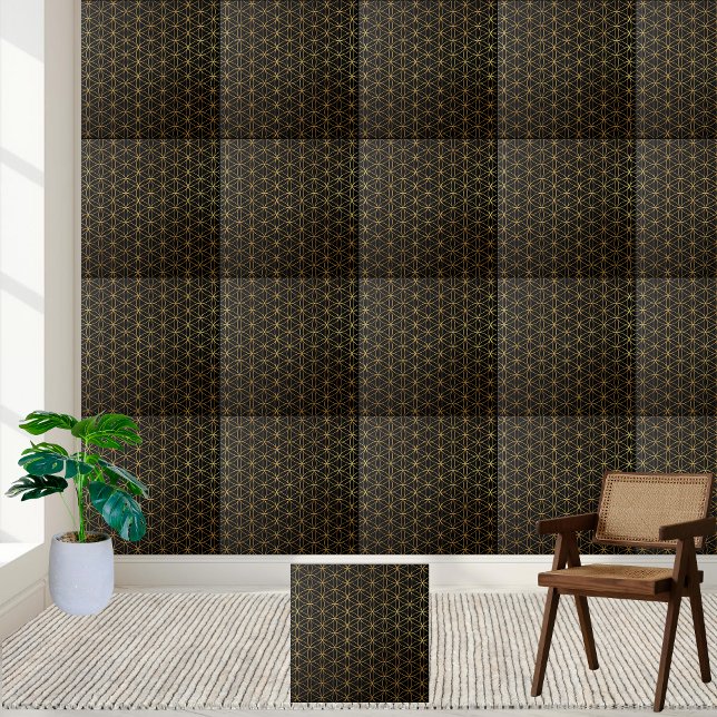 Preto Profundo e Brilhando Dourada Flor do Azulejo (Deep Black and Shimmering Gold Flower of Life Tile)
