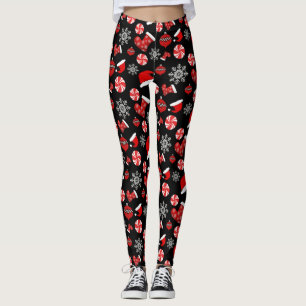 Preto Vermelho Branco Feliz Leggings de Natal