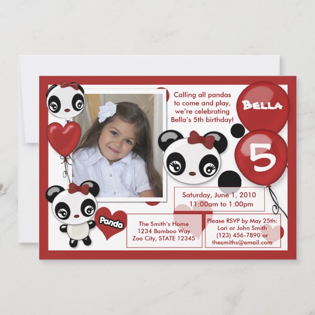 Preto vermelho do convite do aniversário da panda (Frente)