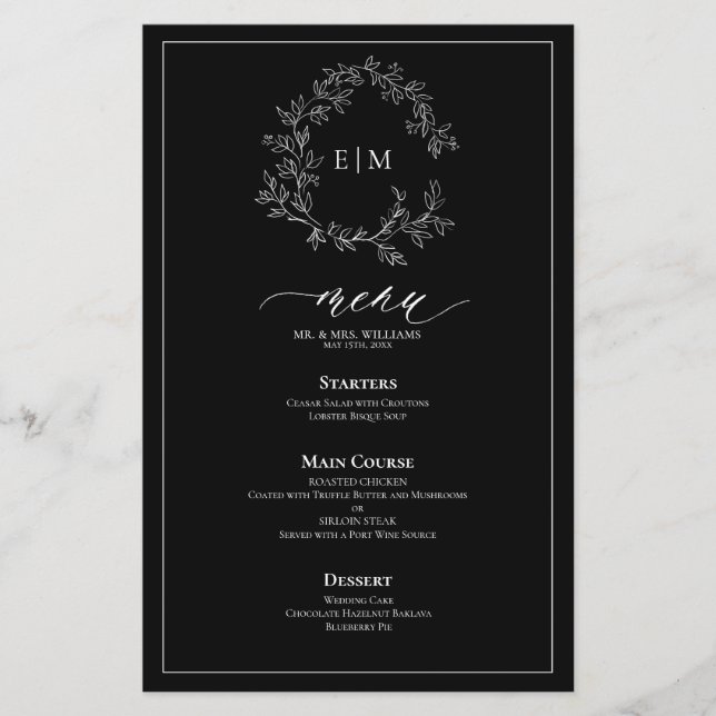 Preto White Leafy Crest Monograma Menu Casamento (Frente)
