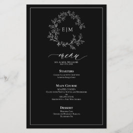 Preto White Leafy Crest Monograma Menu Casamento