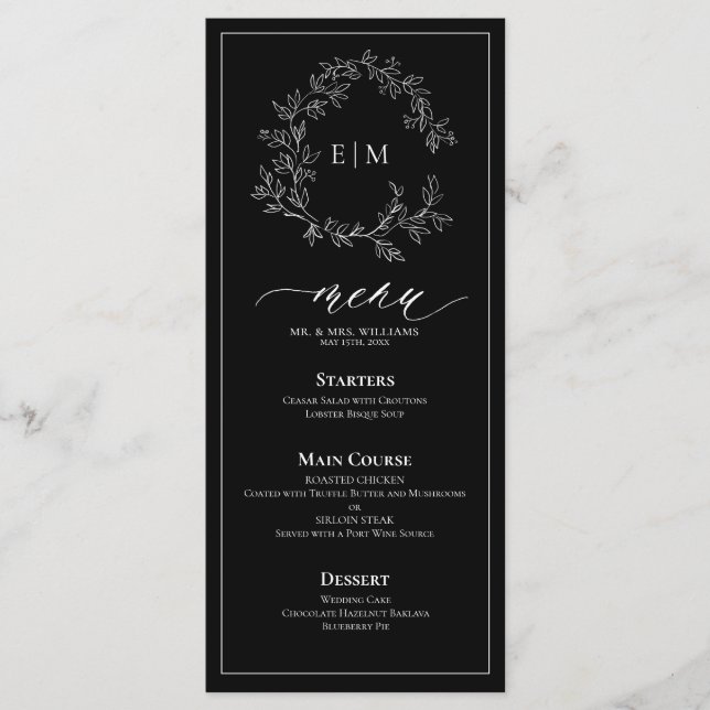 Preto White Leafy Crest Monograma Menu Casamento (Frente)