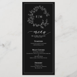 Preto White Leafy Crest Monograma Menu Casamento