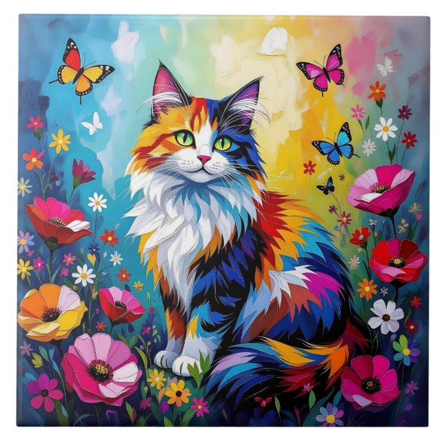 Pretty Colorful Impasto Cat and Flowers (Frente)