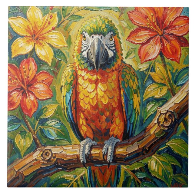 Pretty Colorful Impasto Parrot and Tropical Flower (Frente)