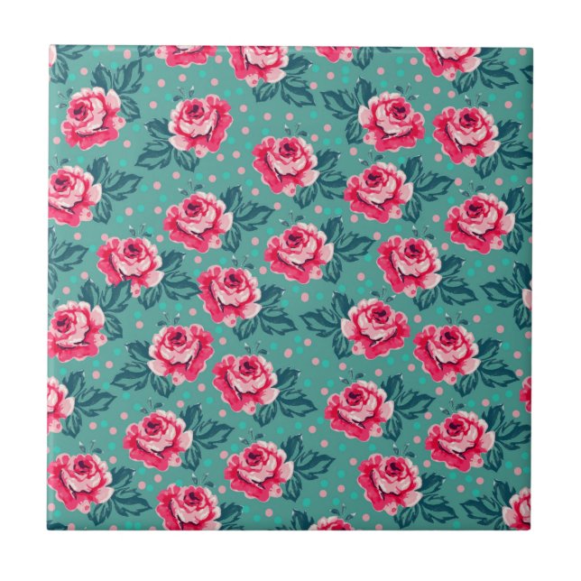 Pretty Pink Roses and Polka Dot Pattern on Teal (Frente)