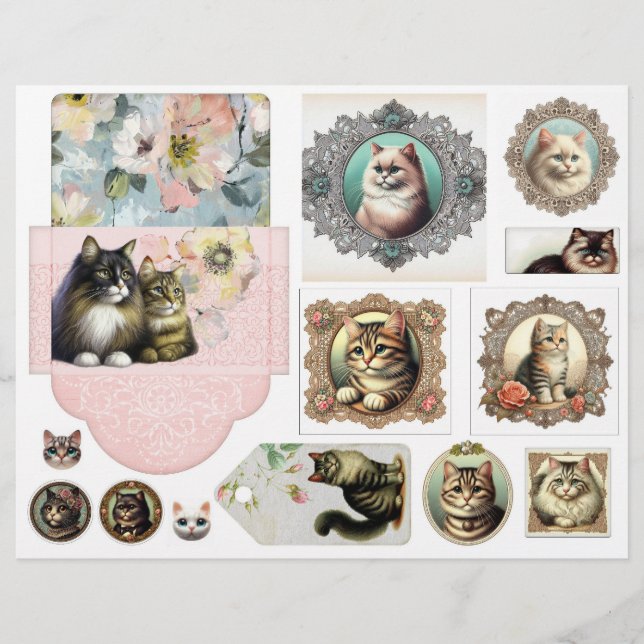 Pretty Vintage Style Cat Fussy Cuts with Envelope (Frente)