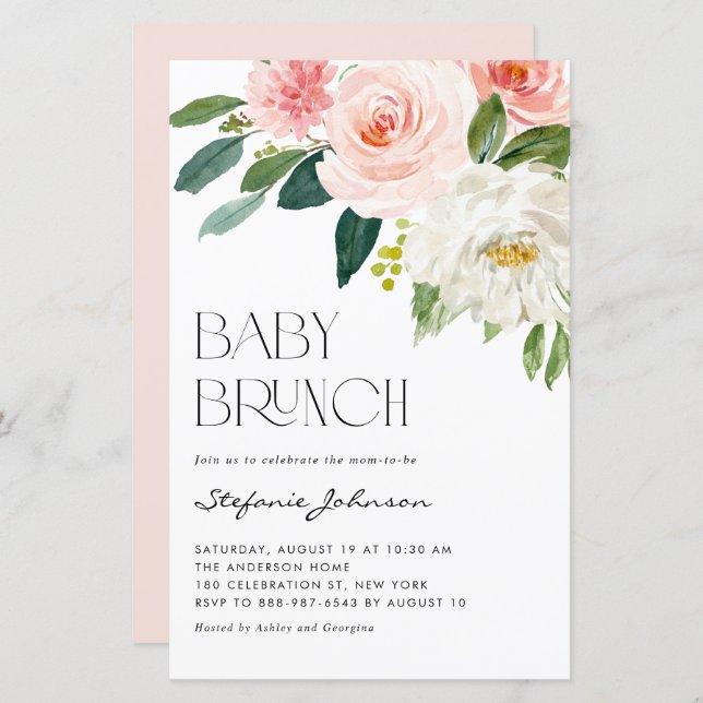 Pretty Watercolor Flowers Baby Brunch Invitation (Frente/Verso)