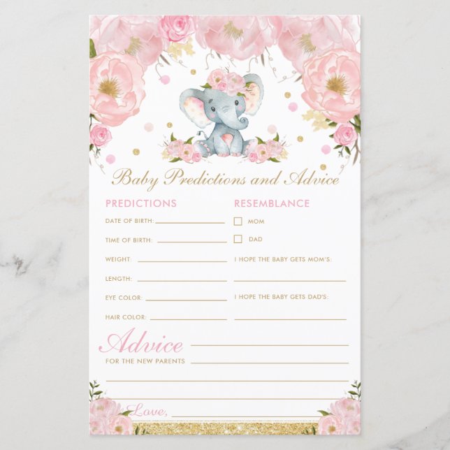 Previsões e Conselhos de Bebê Elefante Floral Rosa (Frente)