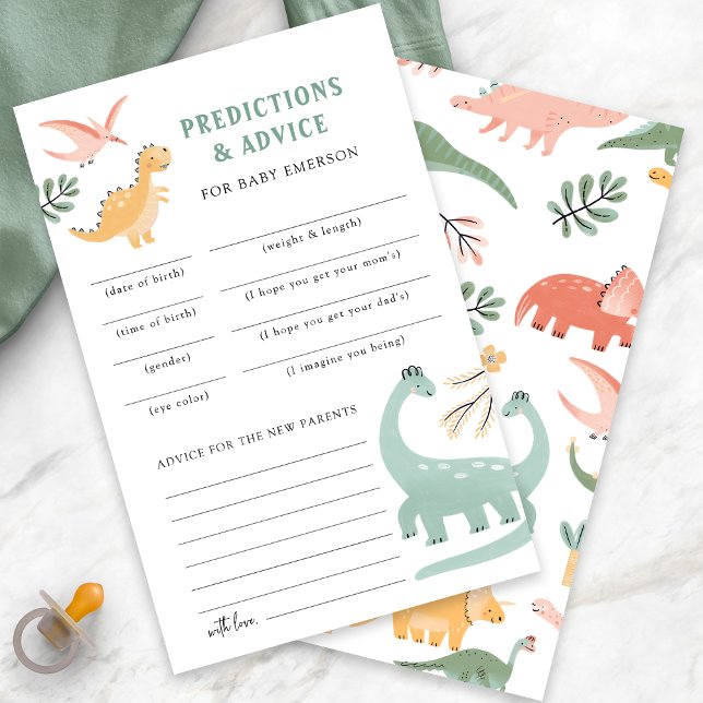 Previsões e Dicas de Dinossauros (Dinosaur Theme Baby Shower Predictions and Advice Card by Painted Paperie
)