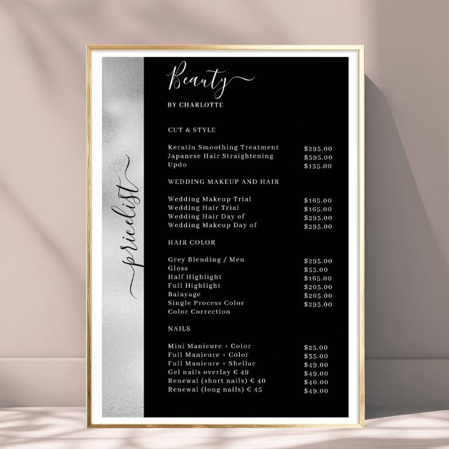 Pricelista Preto Silver Poster (Silver Black Pricelist Salon Poster)