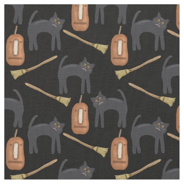 Prim Halloween Cats, Pumpkins, Brooms, Tecido de 5 (Detalhe)