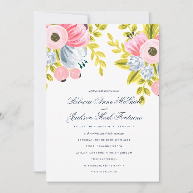 Primavera Bloom Watercolor Convite Para Casamento  (Frente)