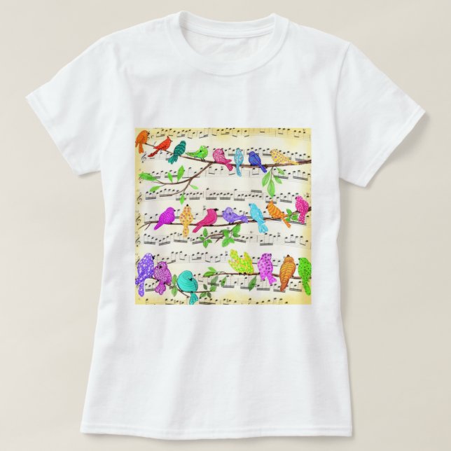 Primavera de Camisas de T-Shirt com Aves Musicais  (Frente do Design)