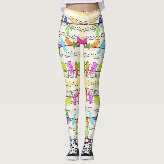 Primavera de Leggings de Aves Musicais Coloridas (Frente)